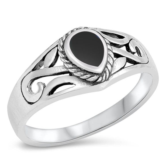 Black Onyx Teardrop Cutout Ring New .925 Sterling Silver Band Sizes 5-10