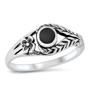 Black Onyx Leaf Flower Ring New .925 Sterling Silver Band Sizes 5-10