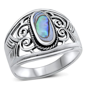 Long Abalone Filigree Cutout Ring New .925 Sterling Silver Band Sizes 5-12