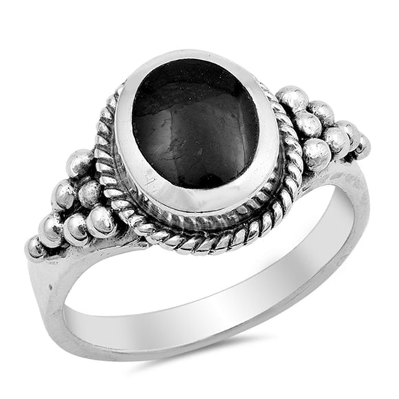 Oval Black Onyx Bead Bali Halo Rope Ring .925 Sterling Silver Band Sizes 5-9