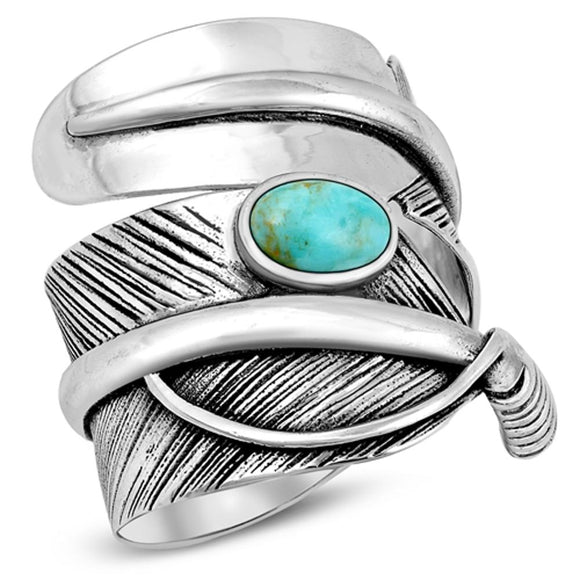 Turquoise Twisted Feather Boho Wide Nature Ring Sterling Silver Band Sizes 7-13