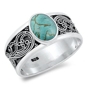 Turquoise Oval Beaded Bali Wave Oxidized Ring Sterling Silver Band Sizes 6-10