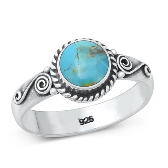 Turquoise Bezel Oxidized Round Rope Halo Ring Sterling Silver Band Sizes 6-10