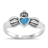 Sterling Silver Blue Lab Opal Claddagh Ring