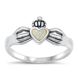 Sterling Silver White Lab Opal Claddagh Ring