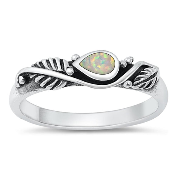 Sterling Silver White Lab Opal Feather Ring