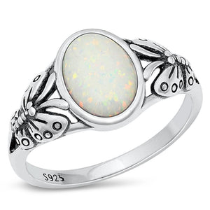 Sterling Silver Butterfly White Lab Opal Ring