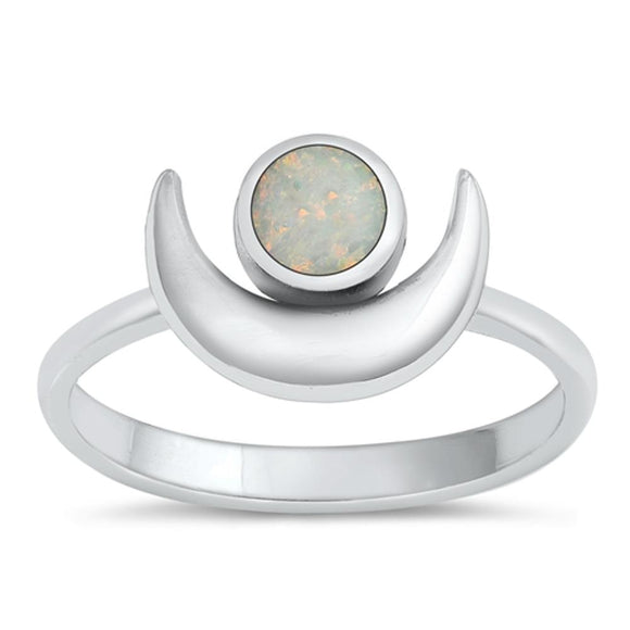 Sterling Silver White Lab Opal Moon Ring