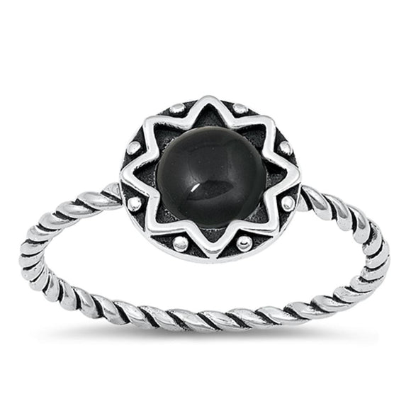 Sterling Silver Black Onyx Bali Sun Ring