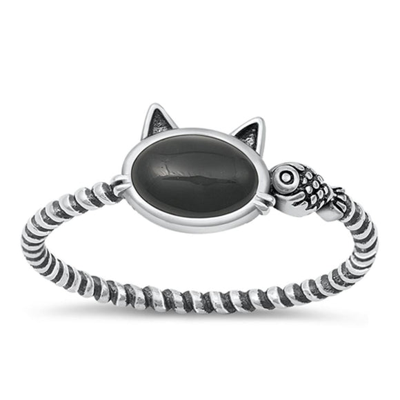 Sterling Silver Black Onyx Cat & Fish Ring