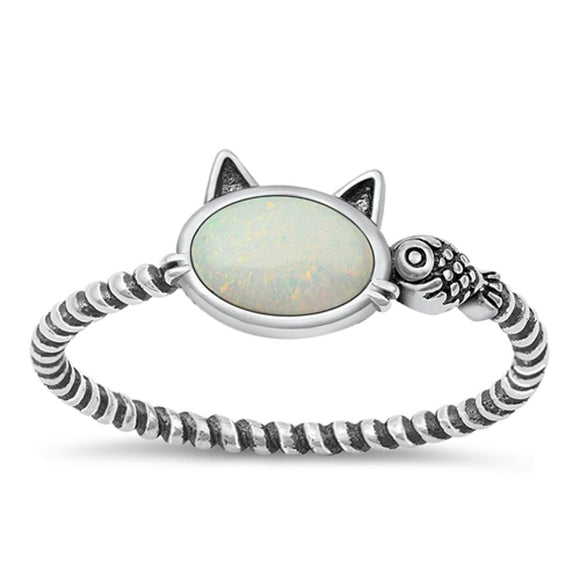 Sterling Silver White Lab Opal Cat & Fish Ring