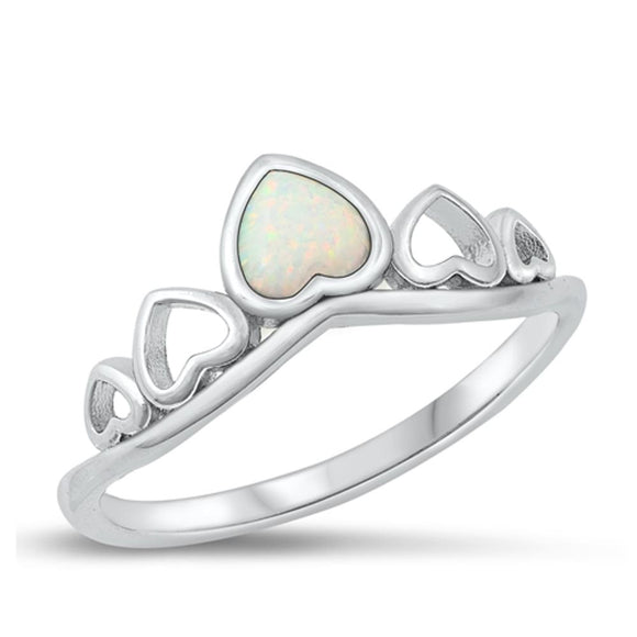 Sterling Silver White Lab Opal Hearts Ring