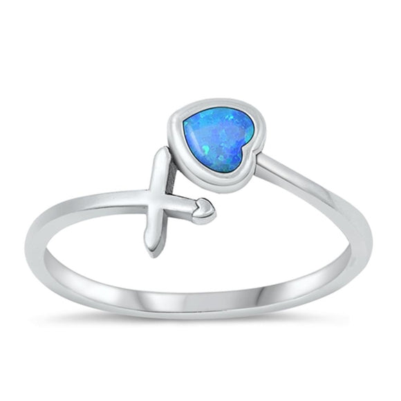 Sterling Silver Blue Lab Opal Heart & Cross Ring