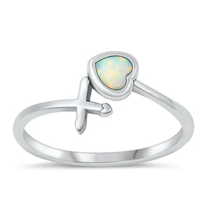 Sterling Silver White Lab Opal Heart & Cross Ring