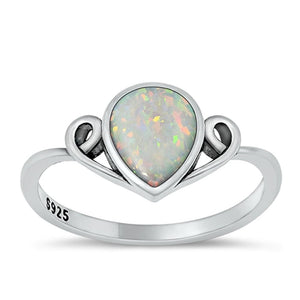 Sterling Silver White Lab Opal Tear Drop Ring