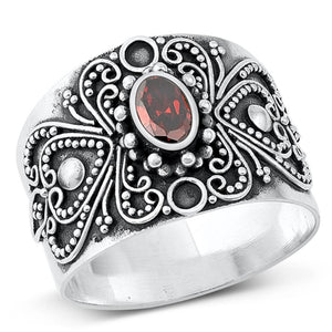 Sterling Silver Garnet CZ Bali Thumb Ring