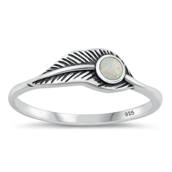 Sterling Silver White Lab Opal Feather Ring