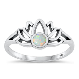 Sterling Silver White Lab Opal Lotus Ring