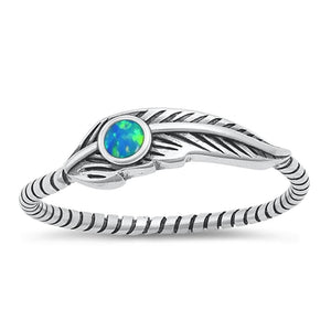 Sterling Silver Blue Lab Opal Feather Flower Ring