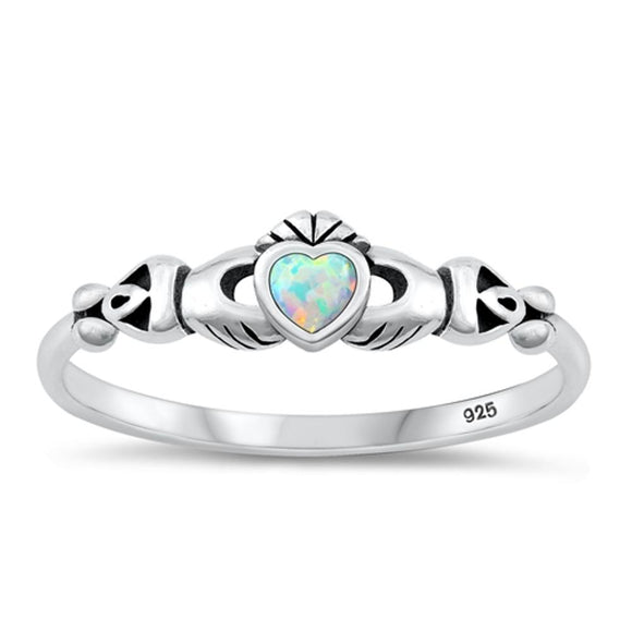 Sterling Silver White Lab Opal Celtic Claddagh Ring