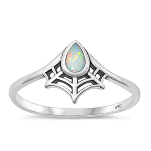 Sterling Silver White Lab Opal Spiderweb Ring