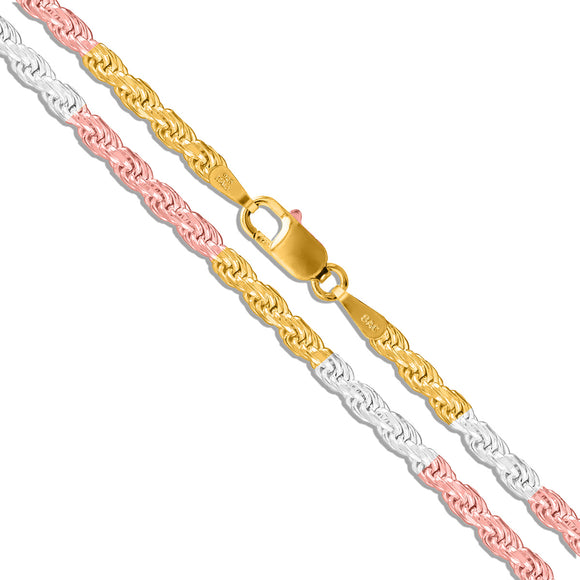 Rope Tri-Color 040 - 1.8mm - Sterling Silver Rope Chain Necklace