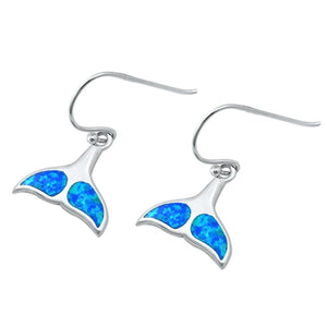 Sterling Silver Cute Blue Synthetic Opal Whale Tail Ocean Earrings 925 New