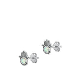 Sterling Silver Unique White Synthetic Opal Hamsa Oxidized Stud Earrings 925 New