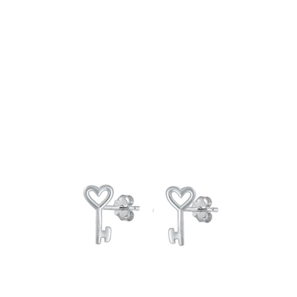 Sterling Silver Fashion Heart Skeleton Key High Polished Stud Earrings 925 New