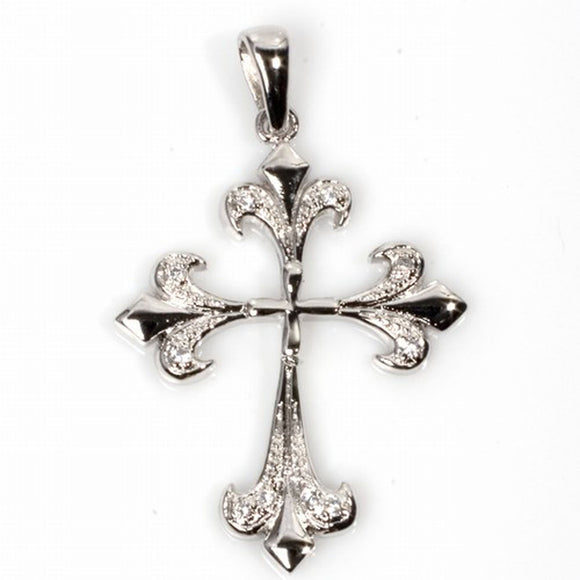 Sterling Silver Fleur De Lis Clear CZ Cross Pendant High Polish Charm 925 New