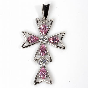 Sterling Silver High Polish Pink CZ Cross Pendant Modern Geometric Unique Charm