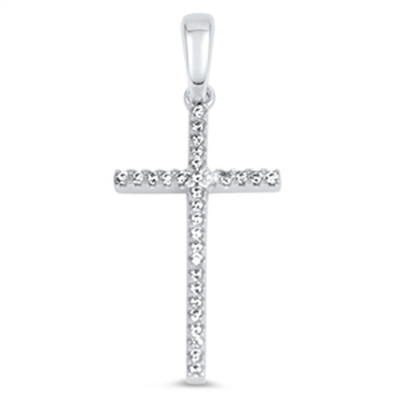 Detailed Long Thin Cross Pendant Clear Simulated CZ .925 Sterling Silver Charm