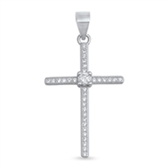 Sterling Silver Classic Cross Pendant Studded Simple Elegant Charm Clear CZ 925