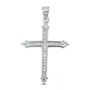 Sterling Silver Slim Studded Cross Pendant Classic Charm Clear CZ 925 New