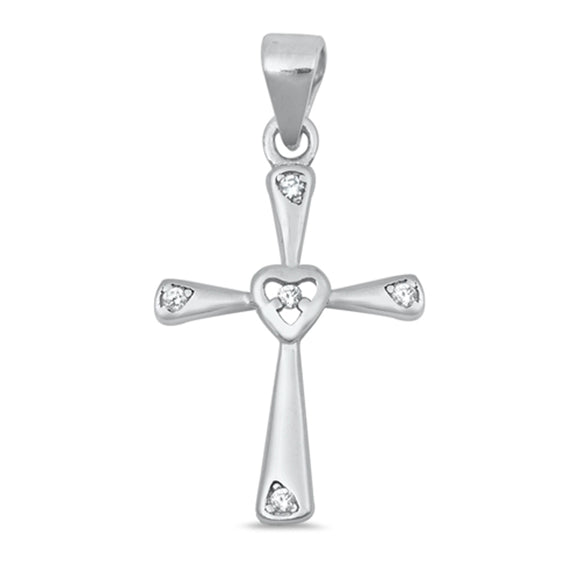 Sterling Silver Simple Heart Cross Pendant Studded Love Burst Charm Clear CZ 925