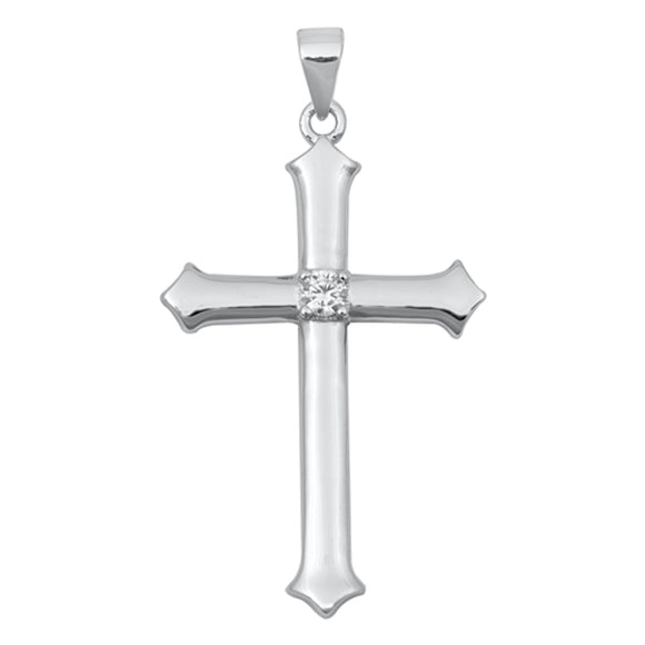 Sterling Silver Pointed Cross Pendant Classic Simple Elegant Charm Clear CZ 925