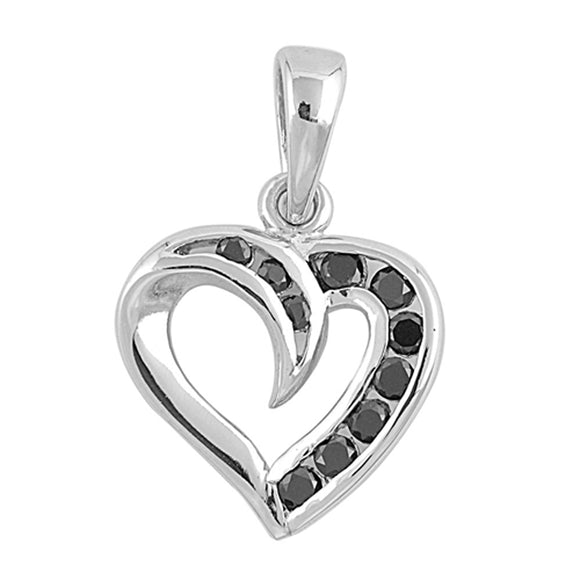 Filigree Swirl Heart Pendant Black Simulated CZ .925 Sterling Silver Love Charm