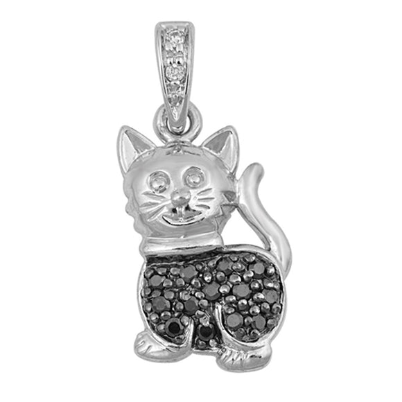 Pet Cute Chunky Kitty Cat Pendant Clear Simulated CZ .925 Sterling Silver Charm