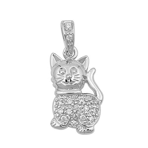 Sterling Silver Ornate Cute Encrusted Kitty Cat Pendant Clear Simulated CZ Charm