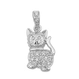 Sterling Silver Ornate Cute Encrusted Kitty Cat Pendant Clear Simulated CZ Charm