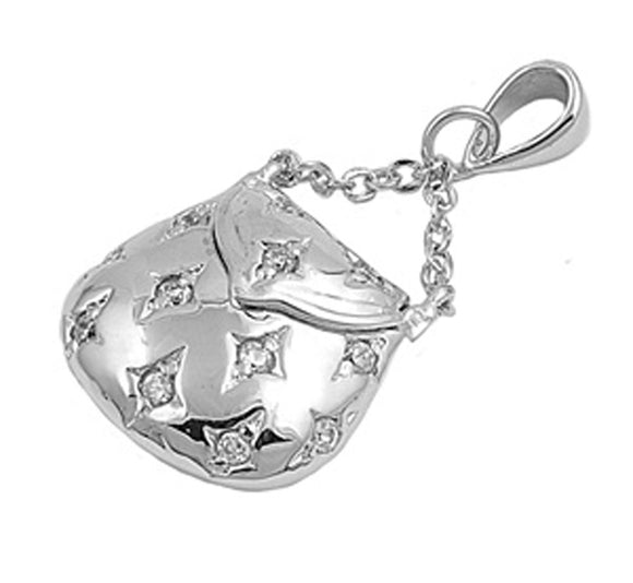 High Polish Purse Pendant Clear Simulated CZ .925 Sterling Silver Bag Charm