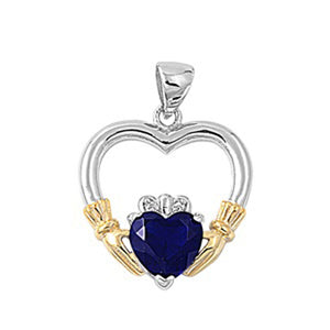 Sterling Silver Heart Gold-Tone Claddagh Pendant Blue Simulated Sapphire Charm