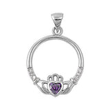 Sterling Silver Promise Heart Simple Claddagh Pendant Simulated Amethyst Charm