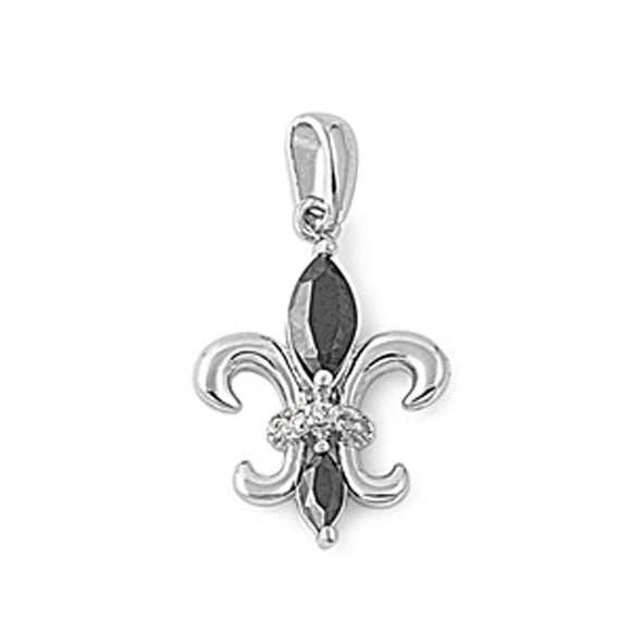 Traditional Fleur De Lis Pendant Black Simulated CZ .925 Sterling Silver Charm