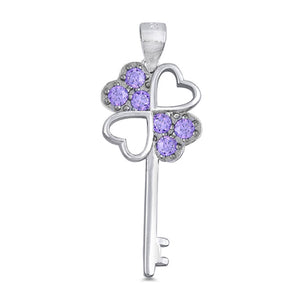 Sterling Silver Heart Shamrock Skeleton Key Pendant Simulated Amethyst Charm