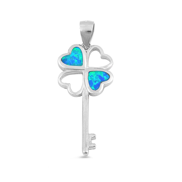 Sterling Silver Blue Synthetic Opal Key Pendant Clover Flower Heart Charm 925