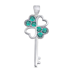 Shamrock Skeleton Key Pendant Simulated Emerald .925 Sterling Silver Charm