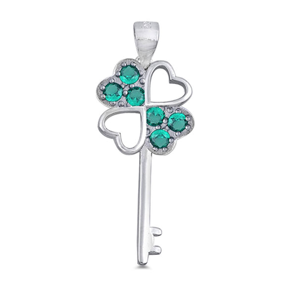 Shamrock Skeleton Key Pendant Simulated Emerald .925 Sterling Silver Charm