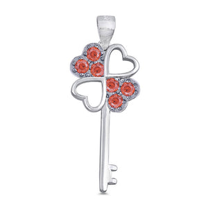 Flower Heart Key Pendant Simulated Garnet .925 Sterling Silver Shiny Charm