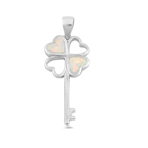 Sterling Silver White Synthetic Opal Shamrock Key Pendant Clover Flower Charm